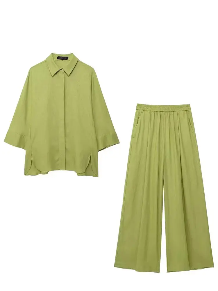 Hh feminino casual sólido blusa calça define solto manga longa lapela camisas cintura elástica calças de perna larga senhora do escritório terno