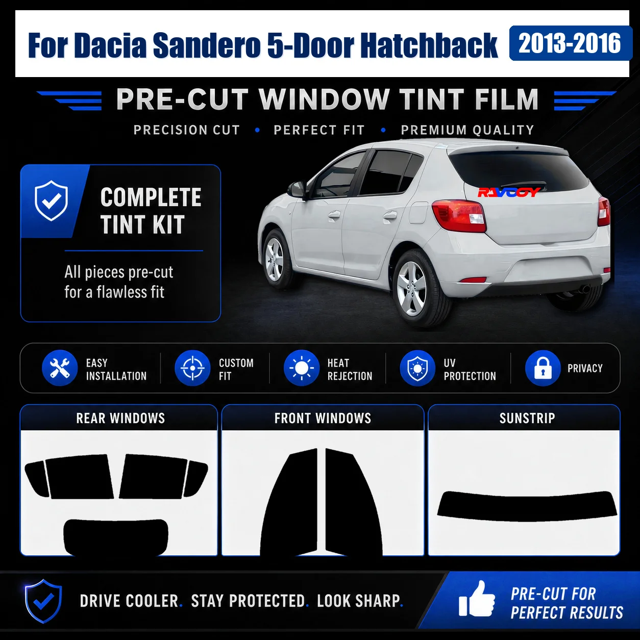 For Dacia Sandero 5-Door Hatchback 2013-2016 Pro-Grade Front Window Rear Window Sun Shade Film Anti-Glare Privacy Film