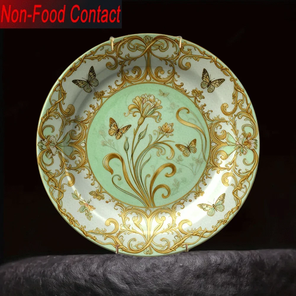 1pc Elegant Green & Golden Floral Ceramic Decorative Plate - Non-Food Contact Tabletop Decor with & Leaf Design, Round Ceramic