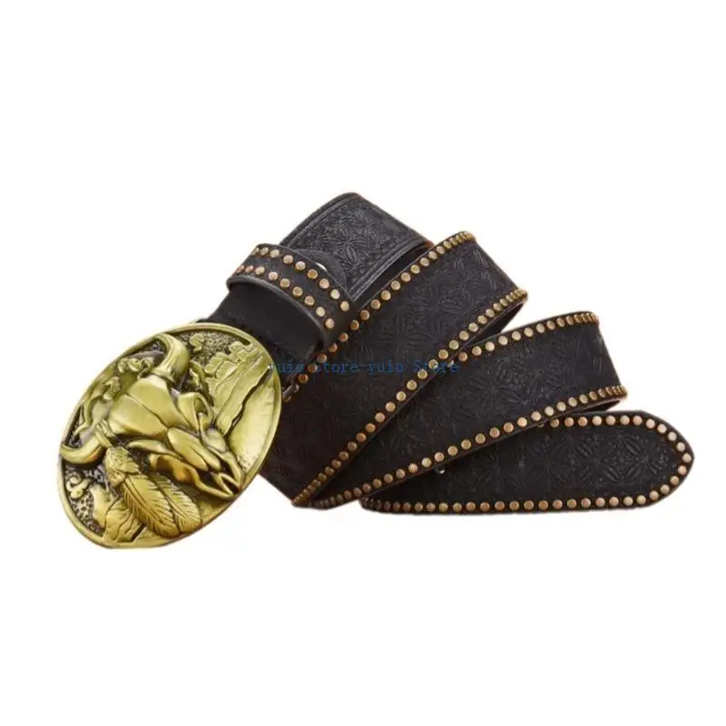 

X7XB Embossed Cowgirls Belt Metal Buckle PU Belt Man Jeans Pants Belt Waist Decors