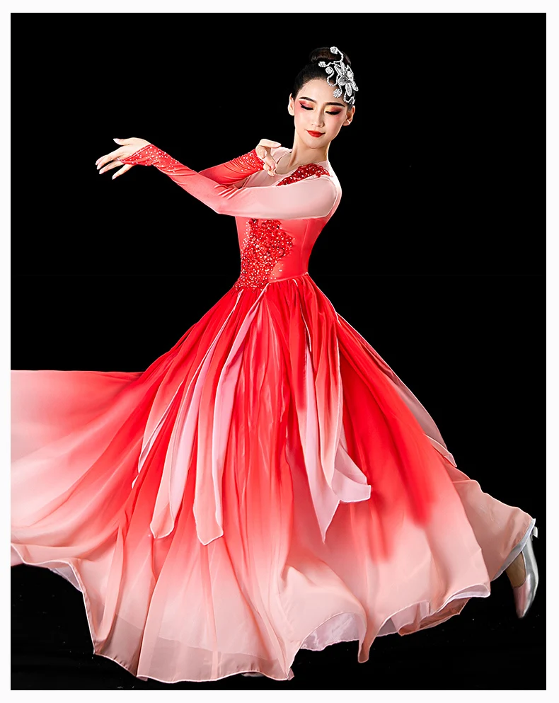 女性のためのクラシックダンスの衣装、hanの衣装、大きなスイングスカート、モダンなオープニング、ファン