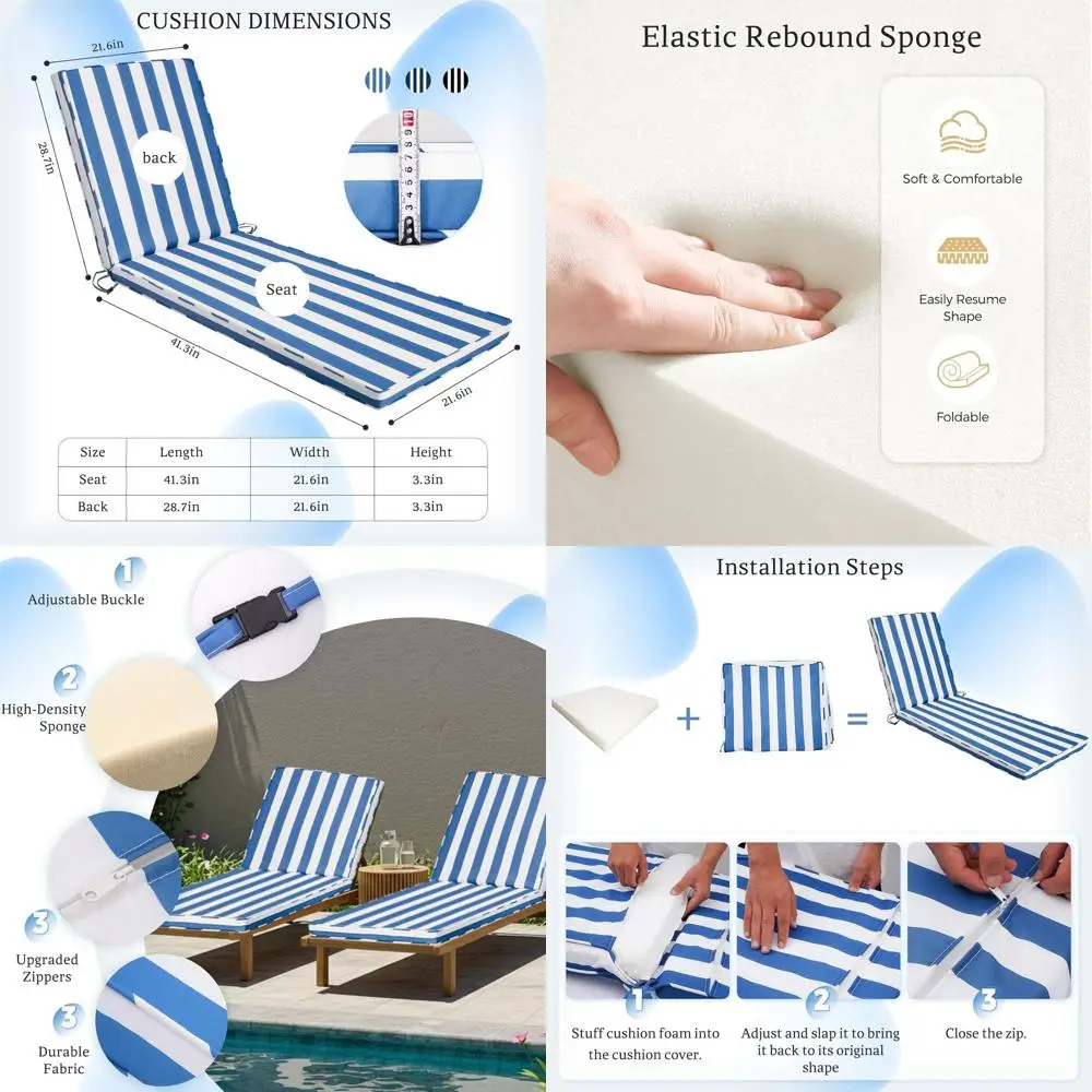 

Set of 2 Outdoor Chaise Lounge Cushions, 71x22x3 Inches, Washable Covers, Pool & Patio Furniture (Sky Blue White Stripes)
