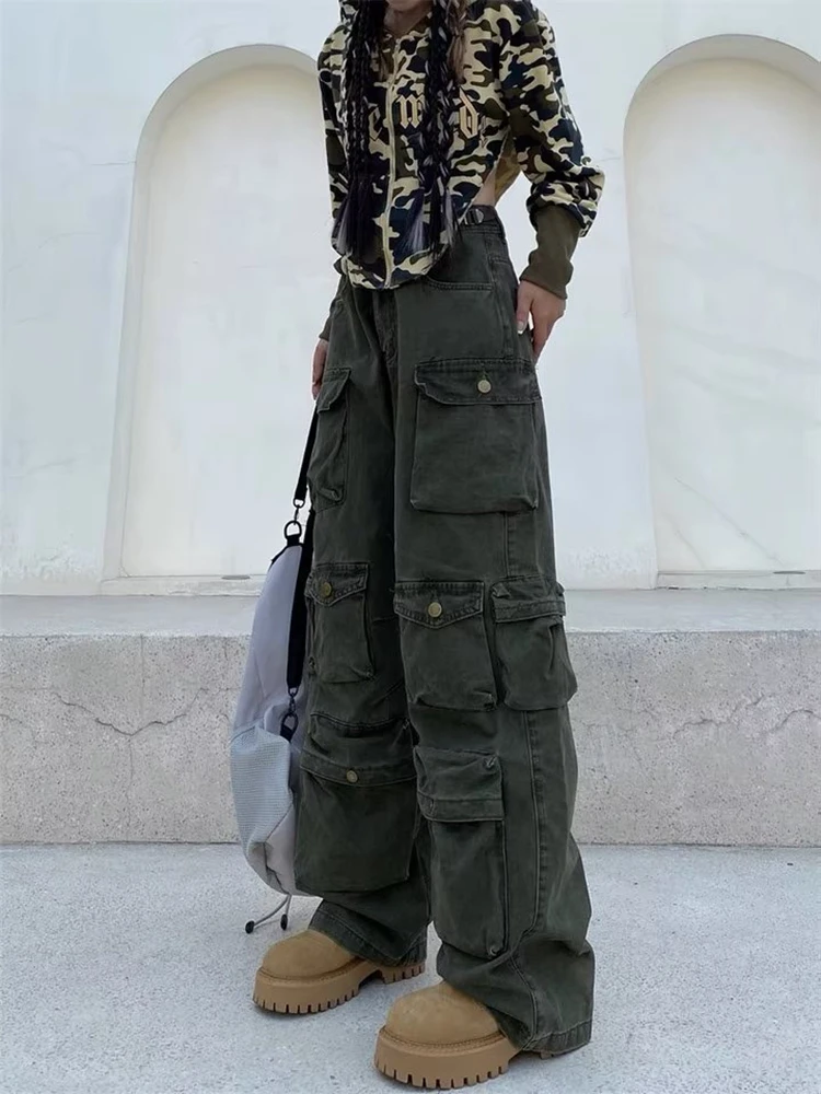 IMU Multi-Pocket Cargo Pants Y2k Retro Fashion High Waist Jeans Couple Harajuku Simple High Street Casual Wide Leg Pants y2k pan