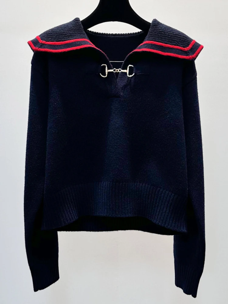 Fashion Commuter Knitted Pullover Women 23 Autumn Winter Navy Collar Contrast Color Striped Sweater Buckle Long Sleeve Loose Top