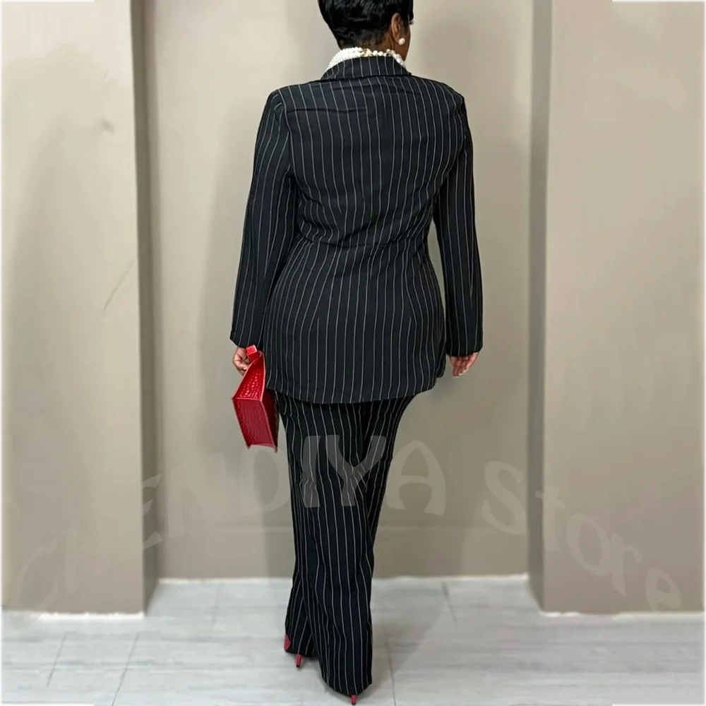 Formal Black Stripe Women's Pant Suits Notch Lapel Single Button Business Work Special Occasion Chic Elegant Outfit Attire
