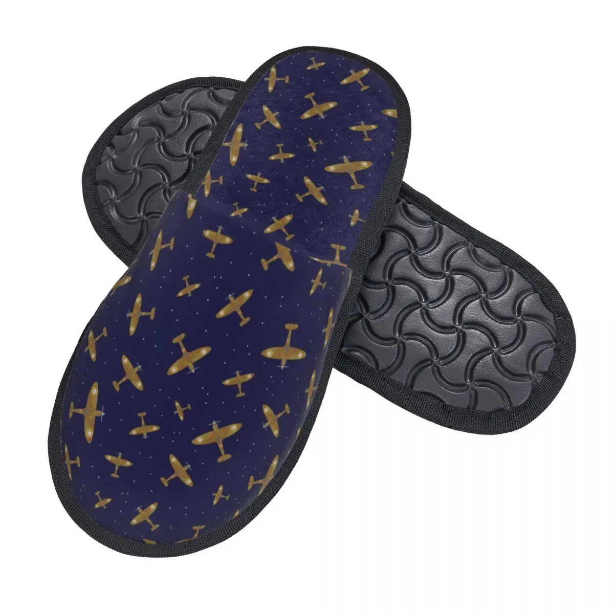 Custom Spitfire War Planes In Flight On Navy Blue Soft Memory Foam House Slippers Women Supermarine Fighter Pilot Comfy Warm