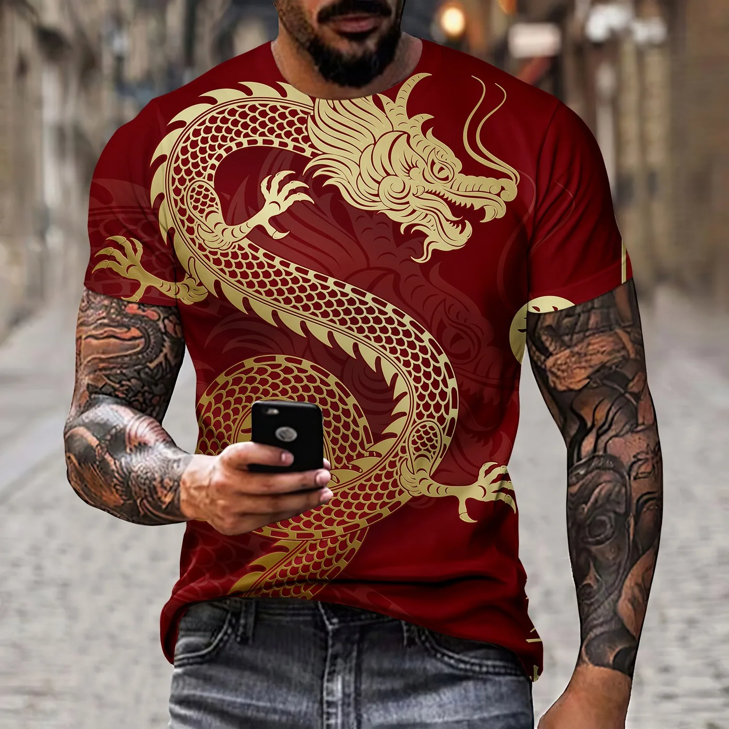 Men\'s T-shirt with 3D dragon and lion print novel Chinese style short sleeved couple fashion top street clothing birthday gift