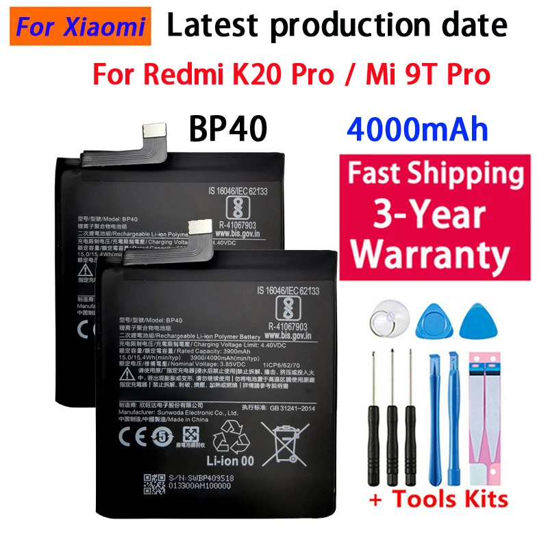 100%  Battery For Xiaomi Redmi K20 Pro K20Pro / Mi 9T Pro 4000mAh BP40 Phone Replacement Batteries Bateria
