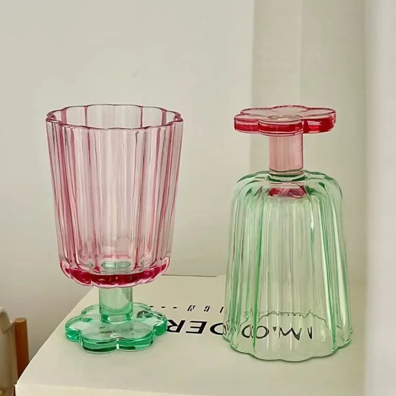 250ml French Style Glass Cup  Flower Shaped Wine Glass Cute Boba Tea Drinking Glass Home Bar Drinkware Summer Holiday Gifts