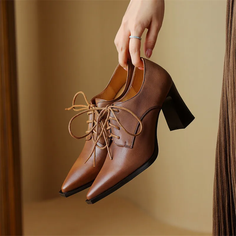 New Spring Cow Leather Women Shoes Pointed Toe Women Pumps Shoes for Women Lace High Heels Zapatos Mujer Loafers Ladies Shoes