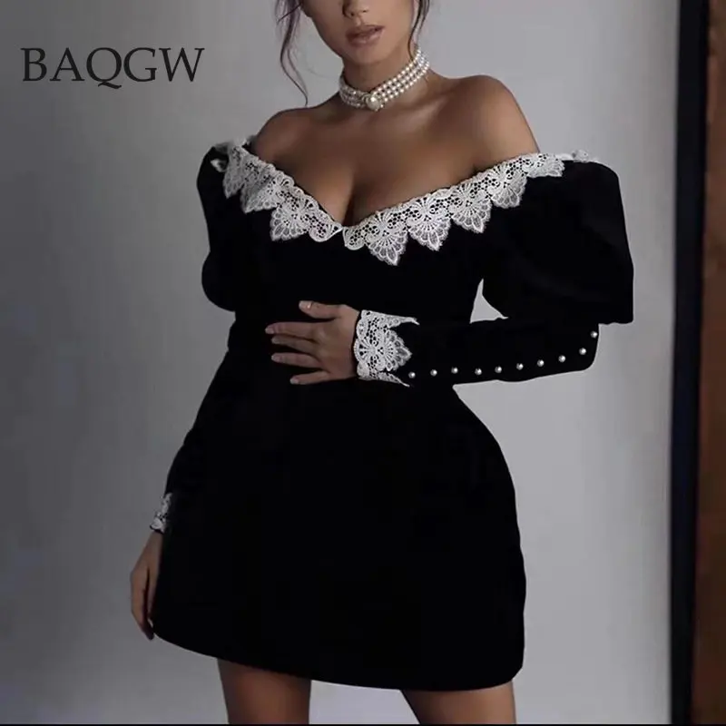 Lace Patchwork Black Velvet Dresses Elegant Off Shoulder Long Sleeve Pearl Vintage Party Evening Porm Mini Dresses Formal Gowns