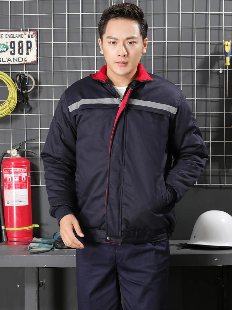 Темно-синий фиксированный зимний рабочий комбинезон с воротником-стойкой, термопальто для складской работы, униформа с постоянной изоляцией, защита от холода