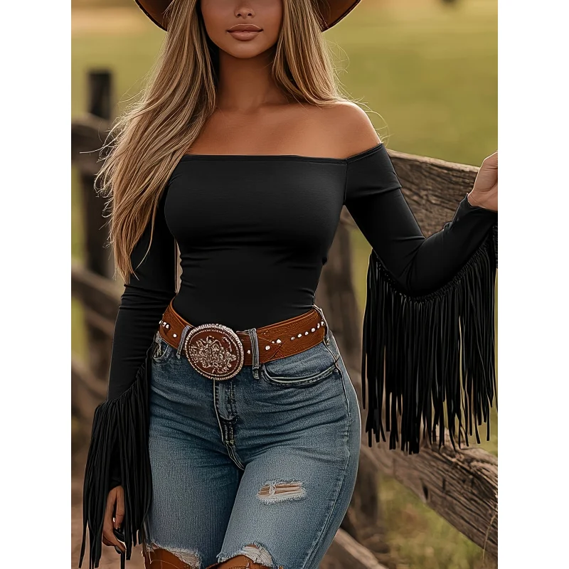 New Western Fringed Off-Shoulder Women'S Shirt-Shirt BK040614