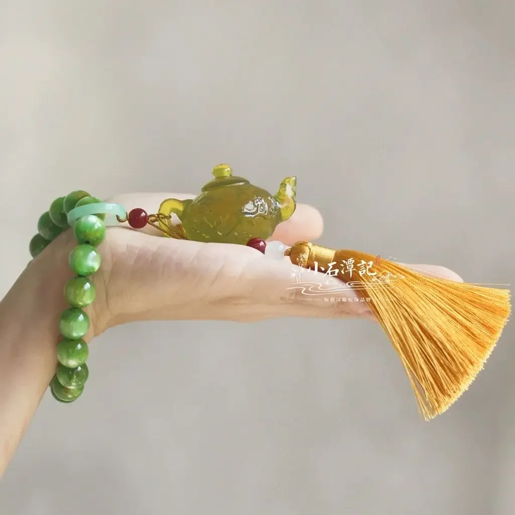 Hanfu Accessories Bracelet Handheld Green Beads Eighteen Chinese Style Wrapping Branches Thin Tile Jade Pot Wonmen's Hand String