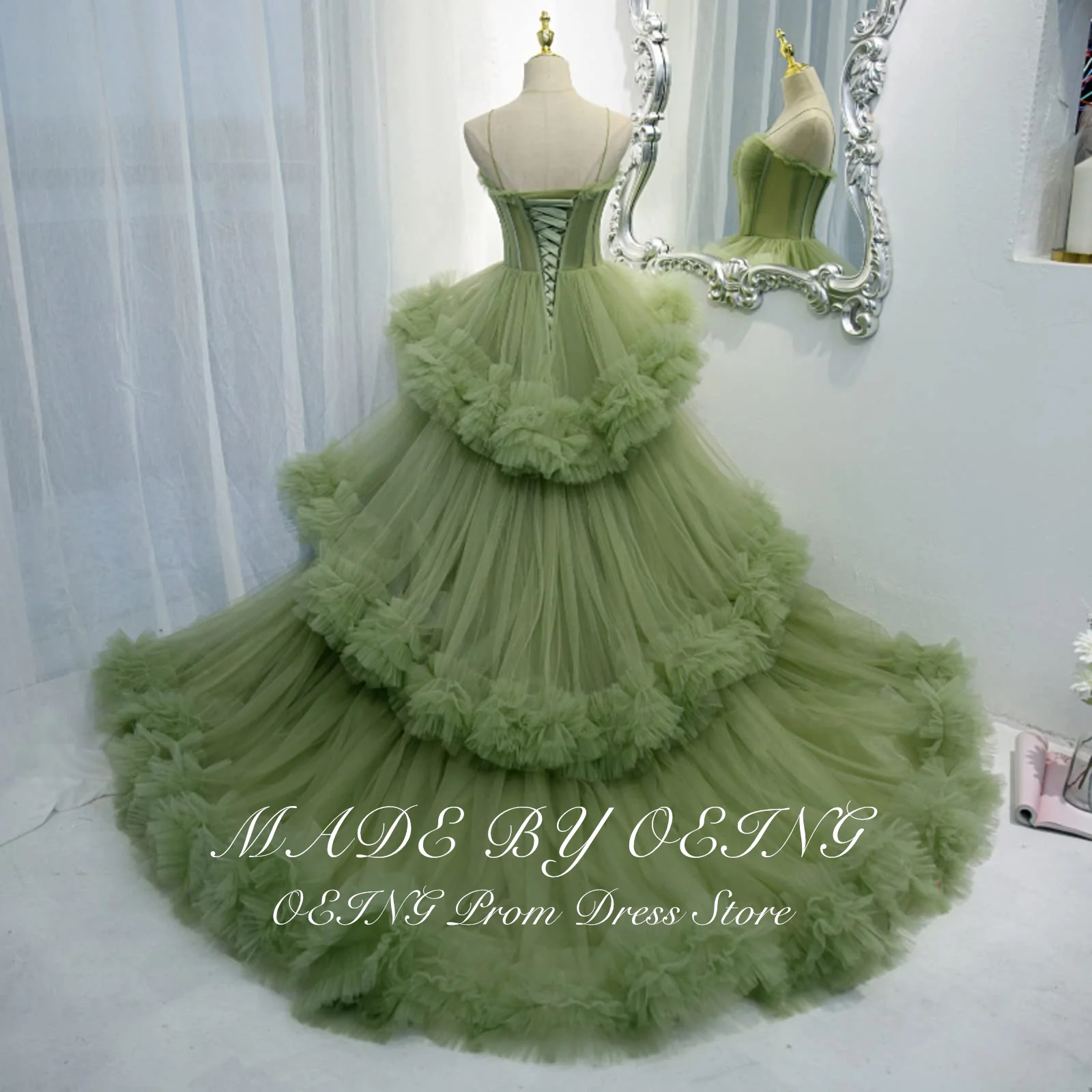 OEING Green Prom Dresses Fairy Tulle Tiered Lace Up Ruffles Pastrol A Line Evening Dress Special Occasion Gown Vestidos De Novia