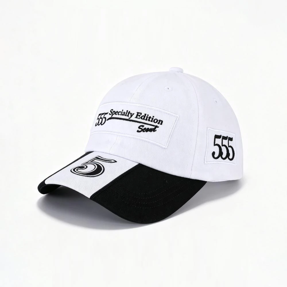 555 numbered label color-block baseball cap with retro motorcycle style, suitable for track events and photo taking.