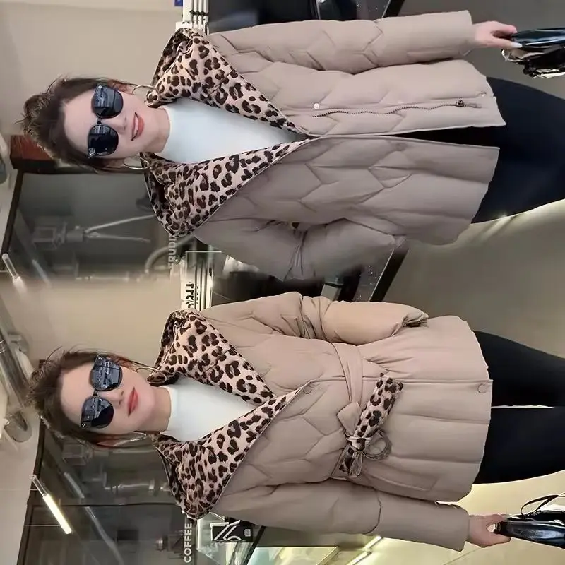 

2026 New Winter Down Cotton Jacket Women Parkas Fashion Leopard Print Wear Belt Hooded Cotton Padded Coat Female Outerwear Coats