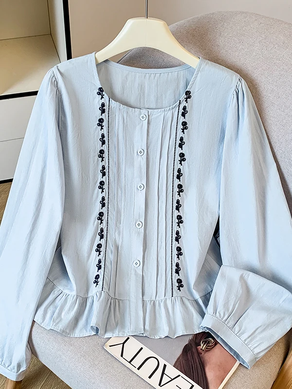 

Light Blue Floral Embroidery Shirt Women's Shoulder Size Large Spring New Style Korean Version Commute Style Short Sleeve rou...