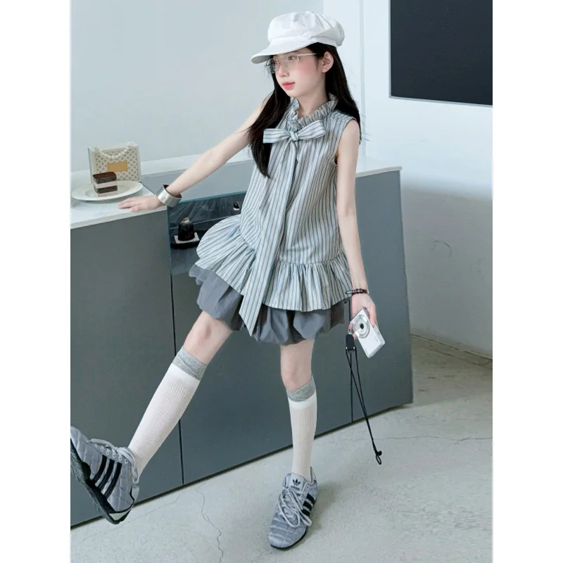 

Girls' Korean-style college-style striped bow two-piece set, summer outfit for older children and girls, with a tulip skirt