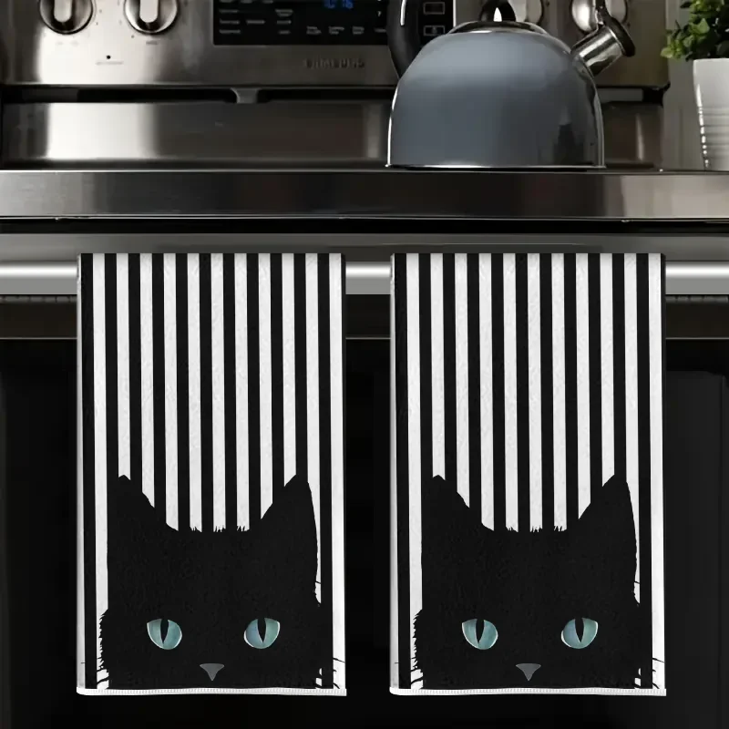 2Pcs, Black and White Striped Blue-Eyed Black Cat Kitchen Towels, 40Cm*60Cm Towel Set, Super Absorbent Soft Cleaning Cloth