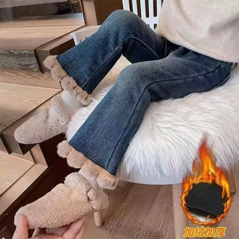

Girl's Pants Fleece Jeans New Autumn Winter Clothes for Baby Girls Casual Stylish Fleece Outer Wear Flared Trousers