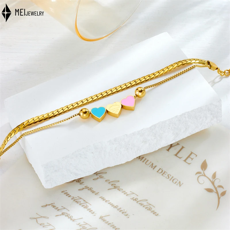 Fashion Niche Creative Versatile Double-Layer Chain Colorful Oil Dripping Heart Connected Bracelet for Women