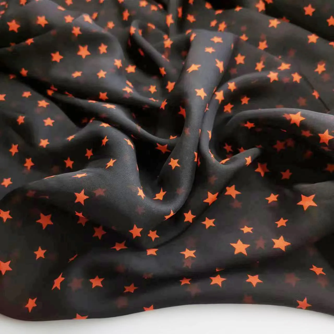 138CM Wide 7MM Orange Stars Printed on Black Silk Chiffon Fabric-Thin Material for Shirt Dress and Other Fashion Summer Y384