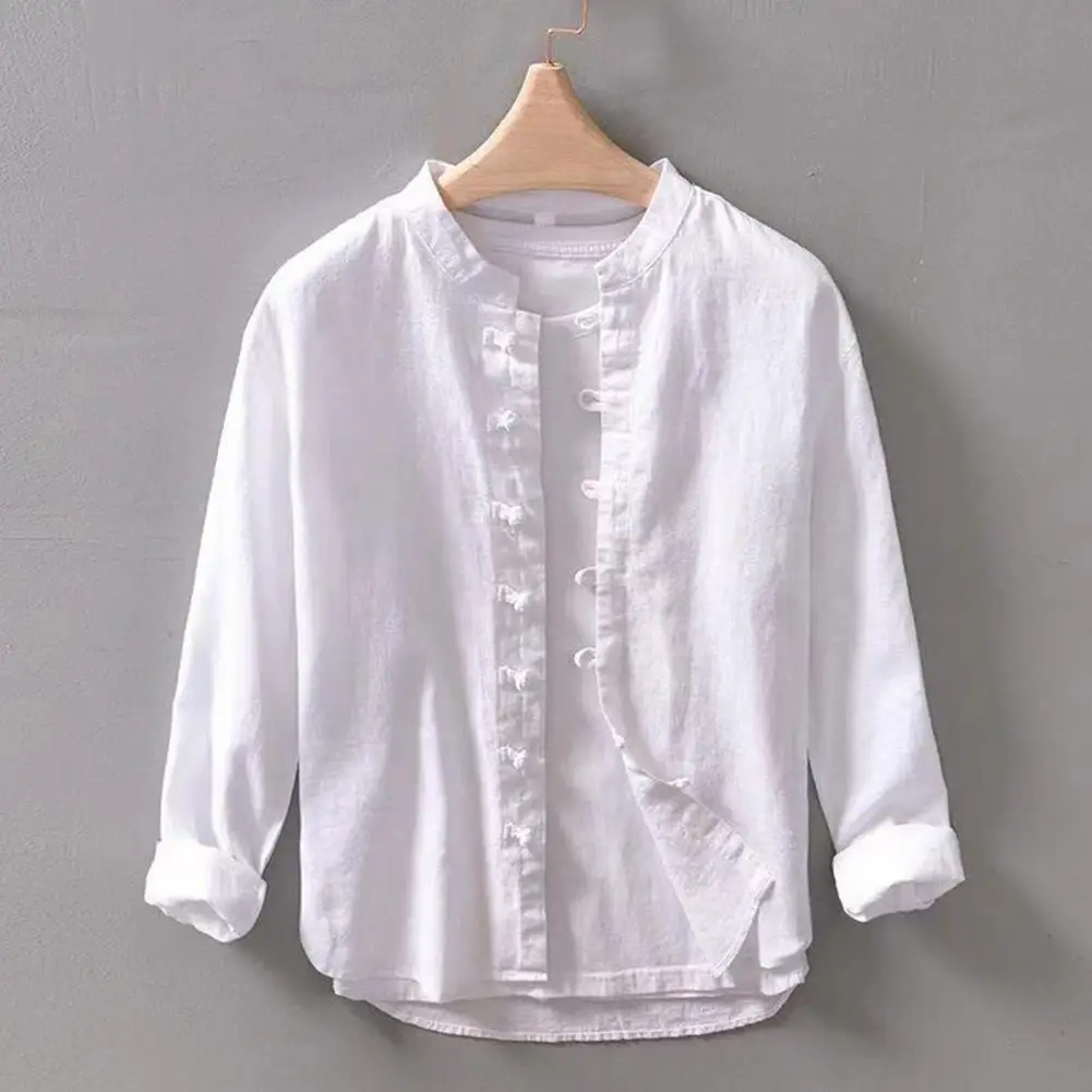 

Cotton Linen Shirt Chinese Style Stand Collar Men's Spring Shirt with Knot Button Single-breasted Solid Color Long Sleeve Loose