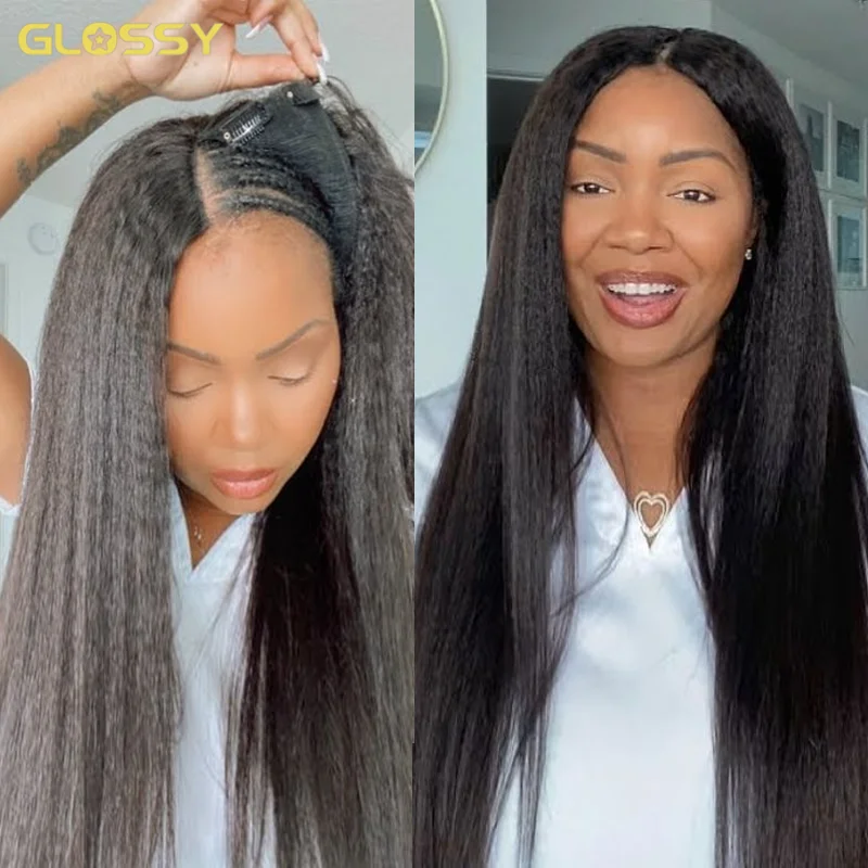 

Бесклеевые Кудрявые Прямые 3 В 1 Полупарики 100% Человеческие Волосы Бразильские Бесшовные Флип Over Yaki Прямой Парик V-образной Части Для Женщин Распродажа