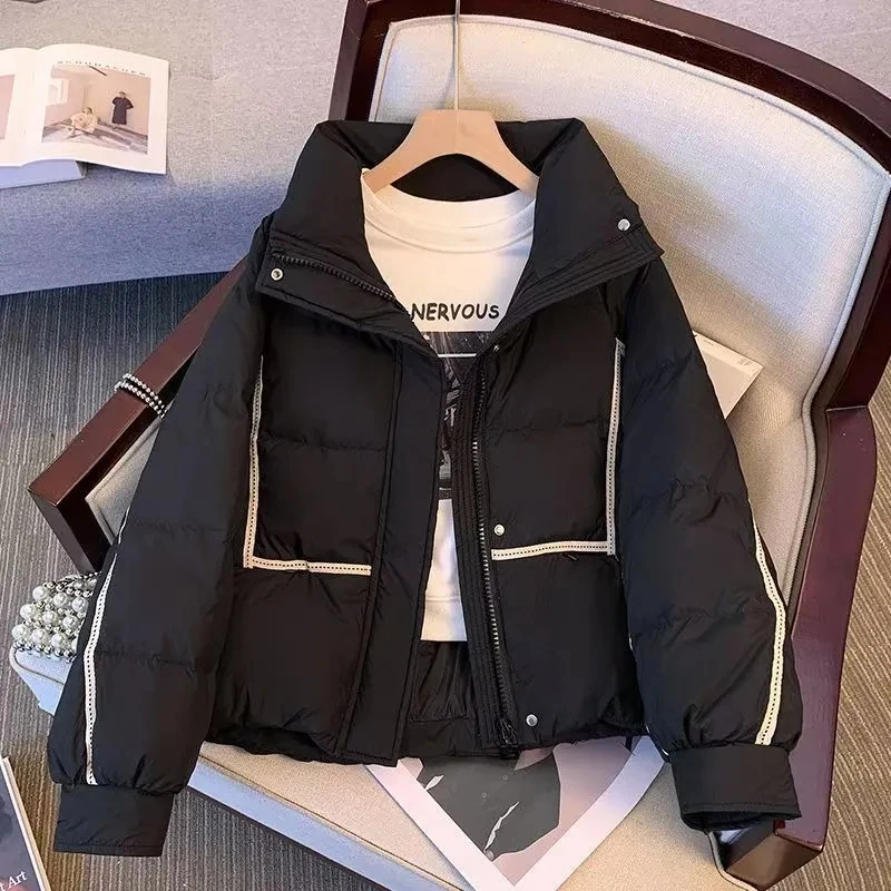 

Women's down Cotton Jaet 2025 Winter Faion Warmth Bread Coat Printed 3D kets Decorative Lines Thiened ort Coat