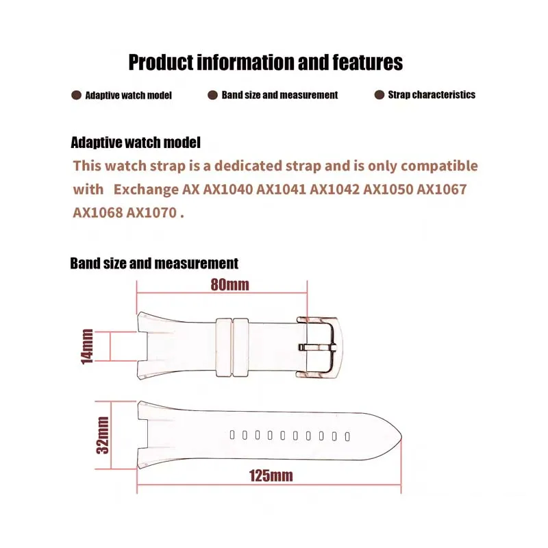 The watch strap accessories are compatible with the Armani silicone strap AX1803 AX1802 AX1050 Men rubber wristband bracelet