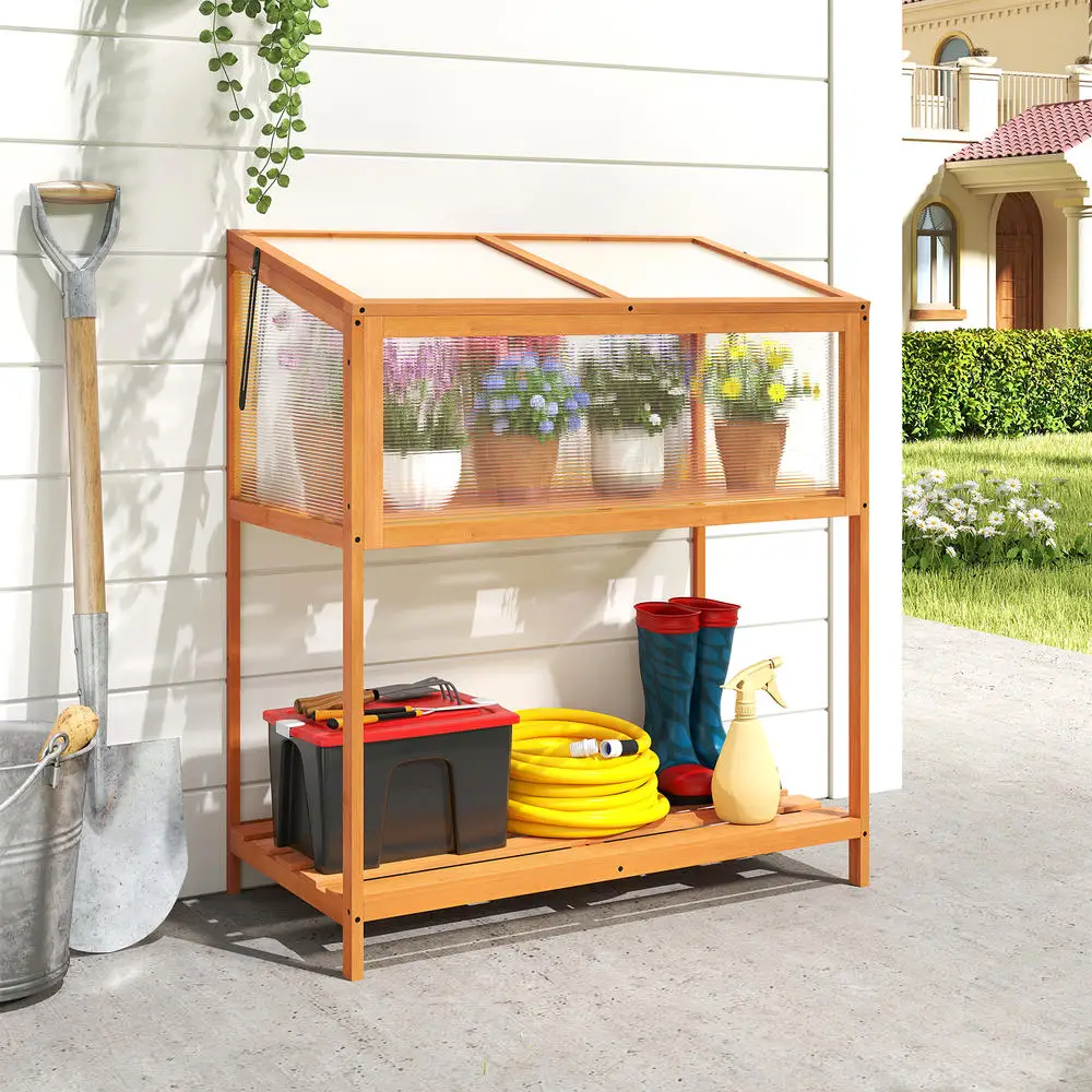 Small Outdoor Greenhouse Cold Frame, Wooden Structure With Transparent Hinged Lid, Slatted Storage Shelf, For Plant Overwintering And Seedling Cultivation, Backyard Patio Farm Use, Orange