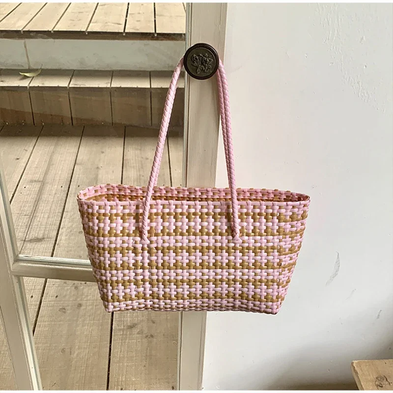 Handgefertigte Colorblock-Webtasche, Damen-Sommer-Tragetasche, Sommer-Einkaufstasche für Strandurlaub, Picknick, Haustiertransport – Detail 31