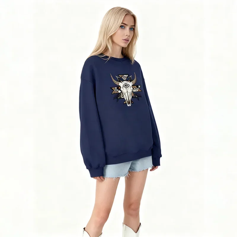 

Women Round Neck Long-sleeved Velvet Winter Casual Fashionable Cowgirl Style Boho Cow Skull Print Sweatshirt Pullovers