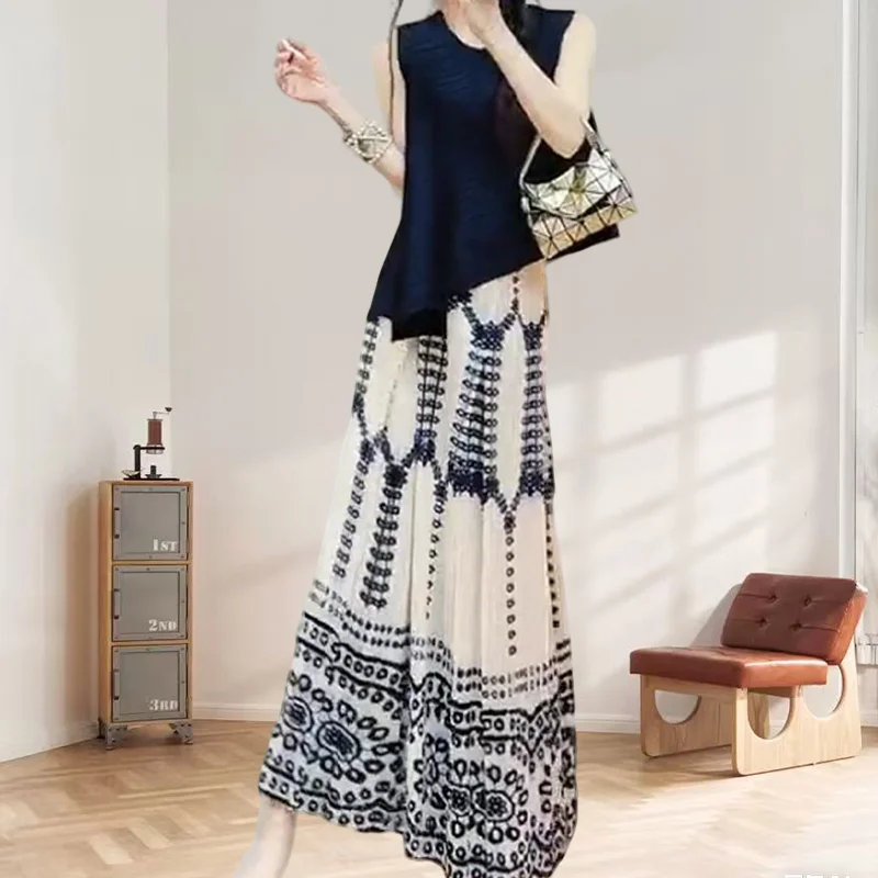 

Miyake Pleated Skirt Set Casual Fashion Plisse Miyake Fold 2025 Summer Black Pleat Top Plus Size Loose Half Skirt Pleats Set