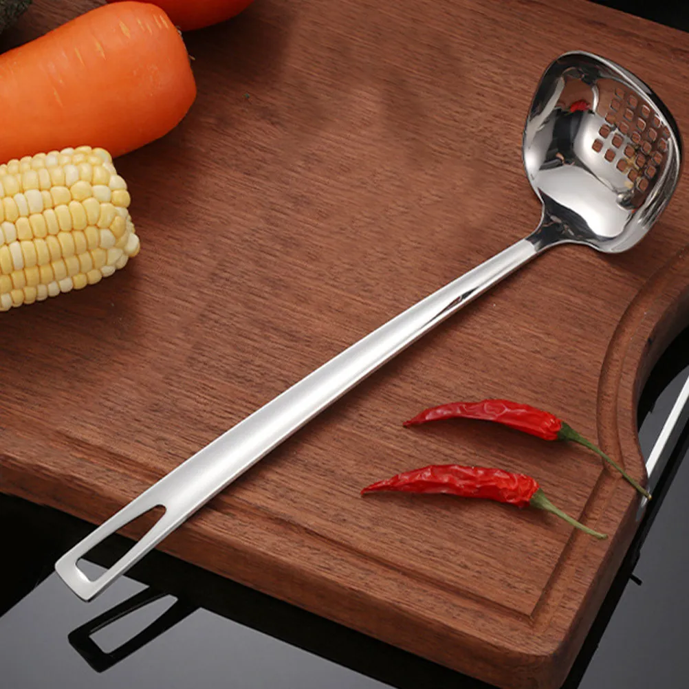 Stainless Steel Square Soup Ladle with Slotted Strainer Non Slip Handle for Efficient Soup Serving Broth Filtering Kitchen