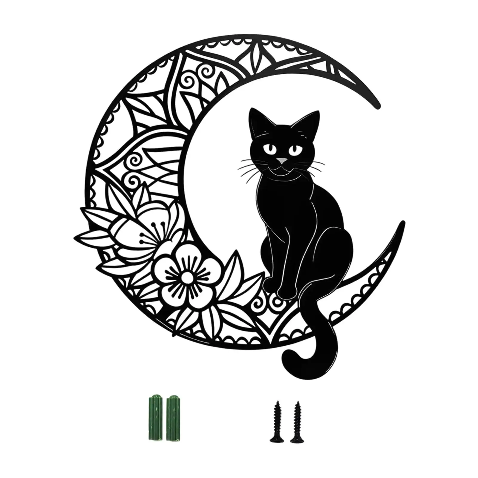 Metal Black Cat Wall Art Modern Iron Cat Moon Silhouette Hanging Decoration for Home Corridor Balcony Fence