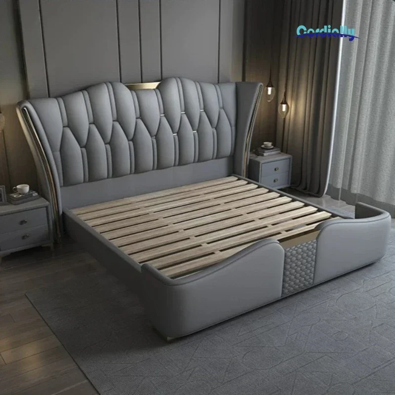Italian Light Luxury Genuine Leather Bed Winged High Headboard Upholstered Double Bed 1.8m 2m Master Bedroom Furniture