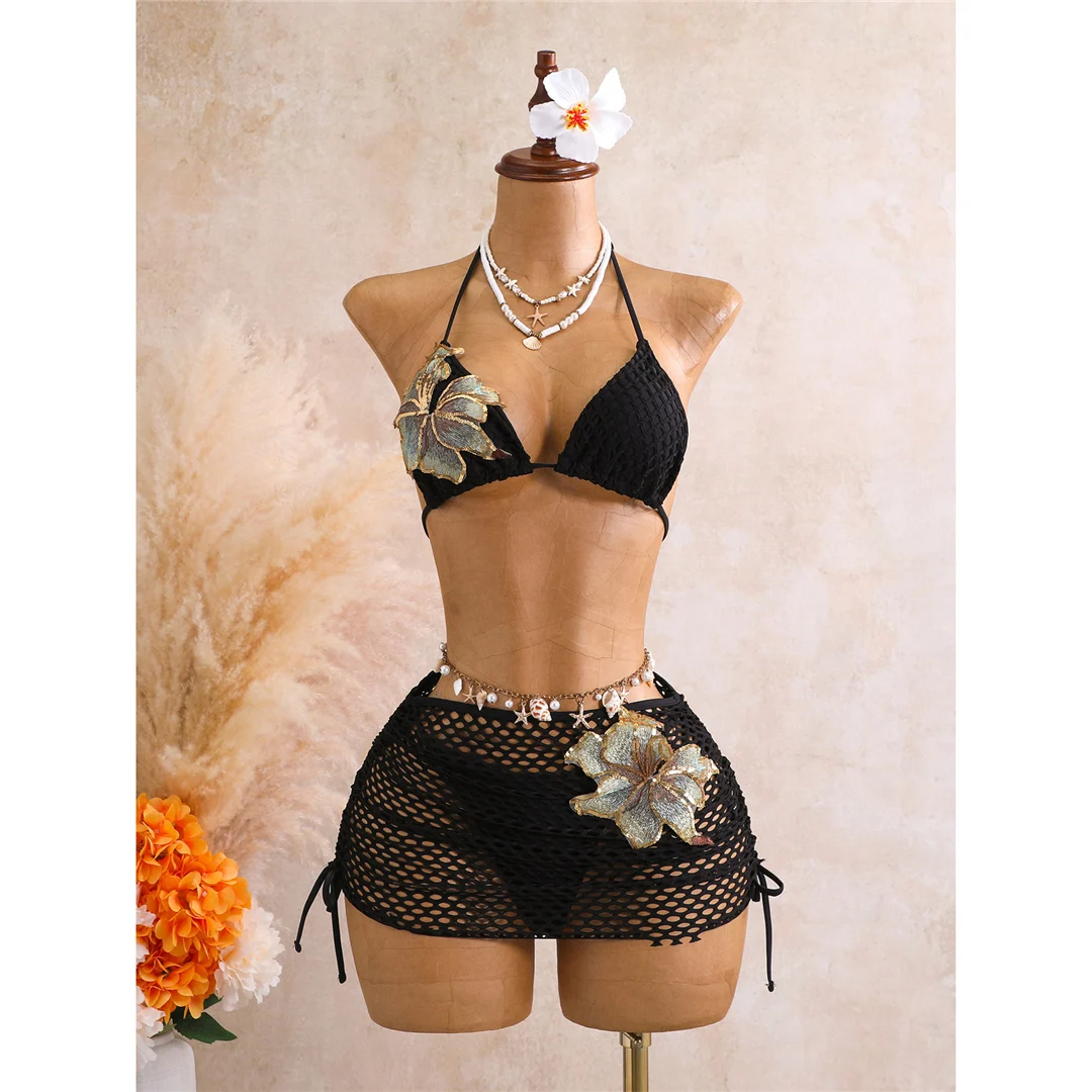 Mit Rock 3D-Blumen-Halter-Bikini Damen-Badebekleidung, dreiteiliges Bikini-Set, gepolsterter Badeanzug, Badebekleidung, Schwimmen V8346 – Detail 5