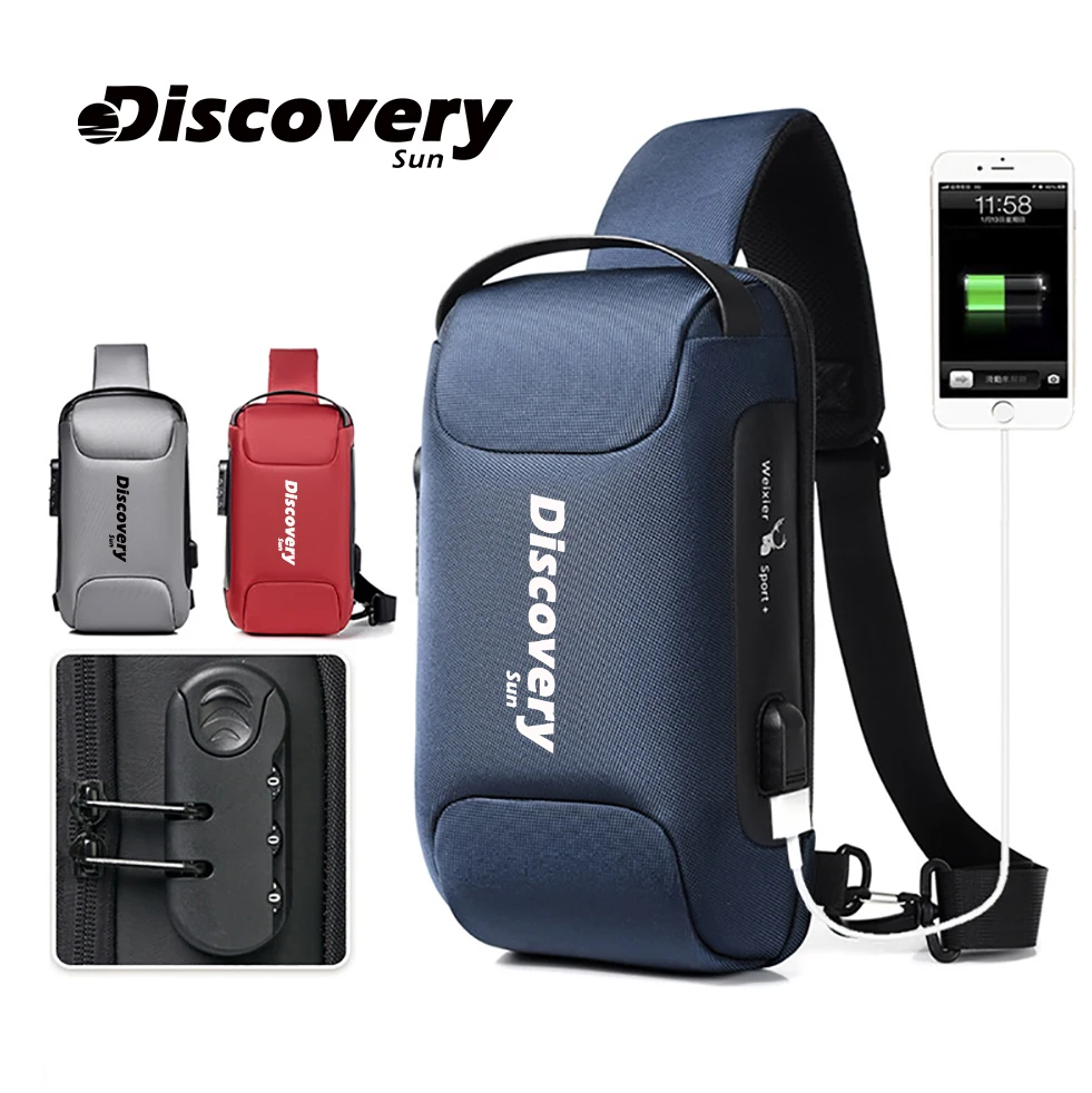 DISCOVERY-SUN  Multifungsi Anti-pencurian Tas Bahu USB Olahraga Luar Ruangan Tahan Air Tas Messenger Bahu Bisnis Hitam Sederhana