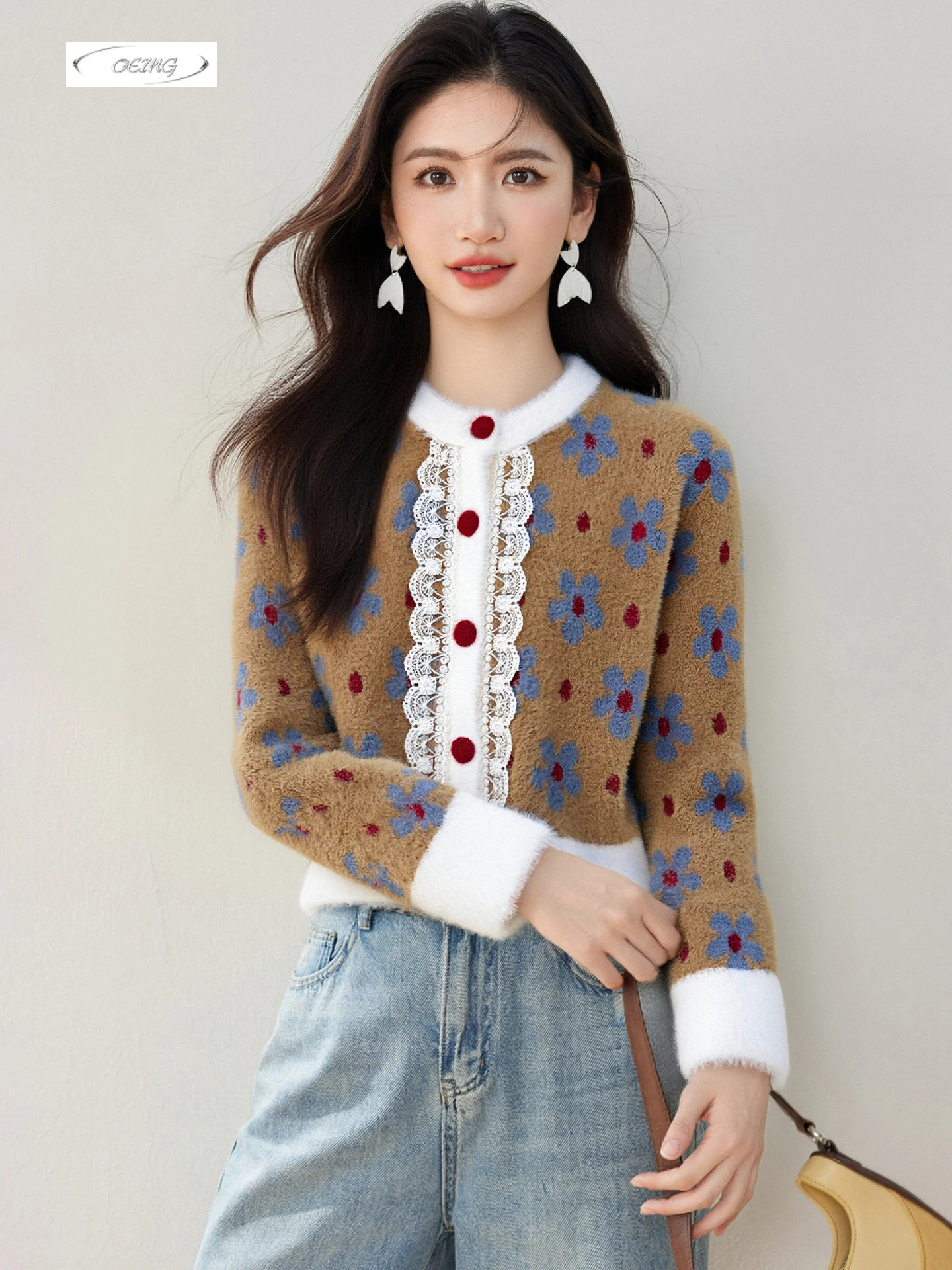 

French Style Lace Spliced Knitted Sweater Coat Autumn Winter Women Elegant Chic Single Breasted Warm Tops Cardigan Knitwear 9728