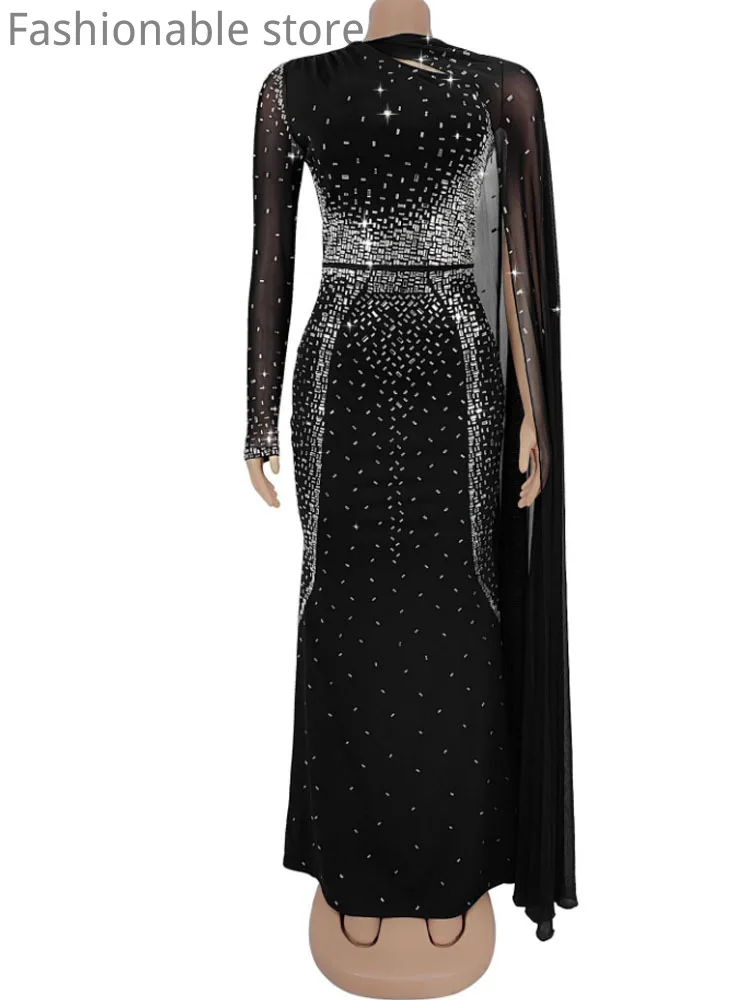 Women's Sexy Solid Color Sheer Mesh Long Sleeve Rhinestone Decor Mermaid Floor-length Party Dress