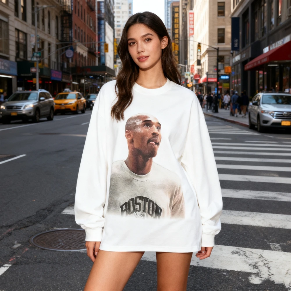 KUCLUT Best Quality Streetwear BIG FACE Graphics Printed Long Sleeves Tee Oversize Loose Tops 100%Cotton T Shirt Men Woman