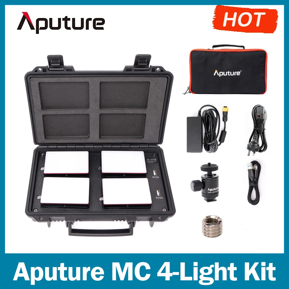 Aputure MC 4-Light Travel Kit,RGB On Camera Led Video Light,3200-5600K,HSI/CCT/FX Lighting Modes and Wireless Charge Case