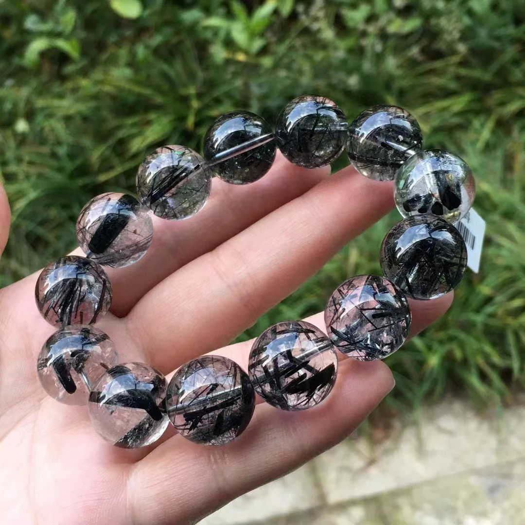 Natural Black Rutilated Quartz Clear Round Beads Bracelet 17mm Crystal Women Men Rare Brazil Genuine Rutilated AAAAAA