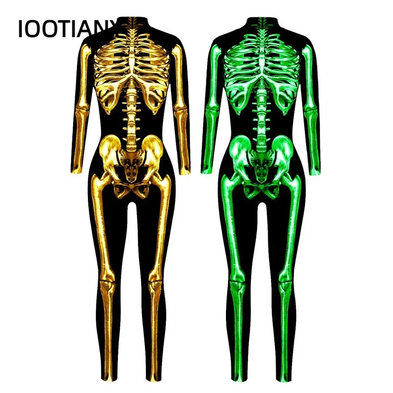 

Cosplay Halloween Cosplay Costumes Women Adult Gold Ghost Skeleton Print Bodysuit Long Sleeve Carnival Party Fancy monos mujer