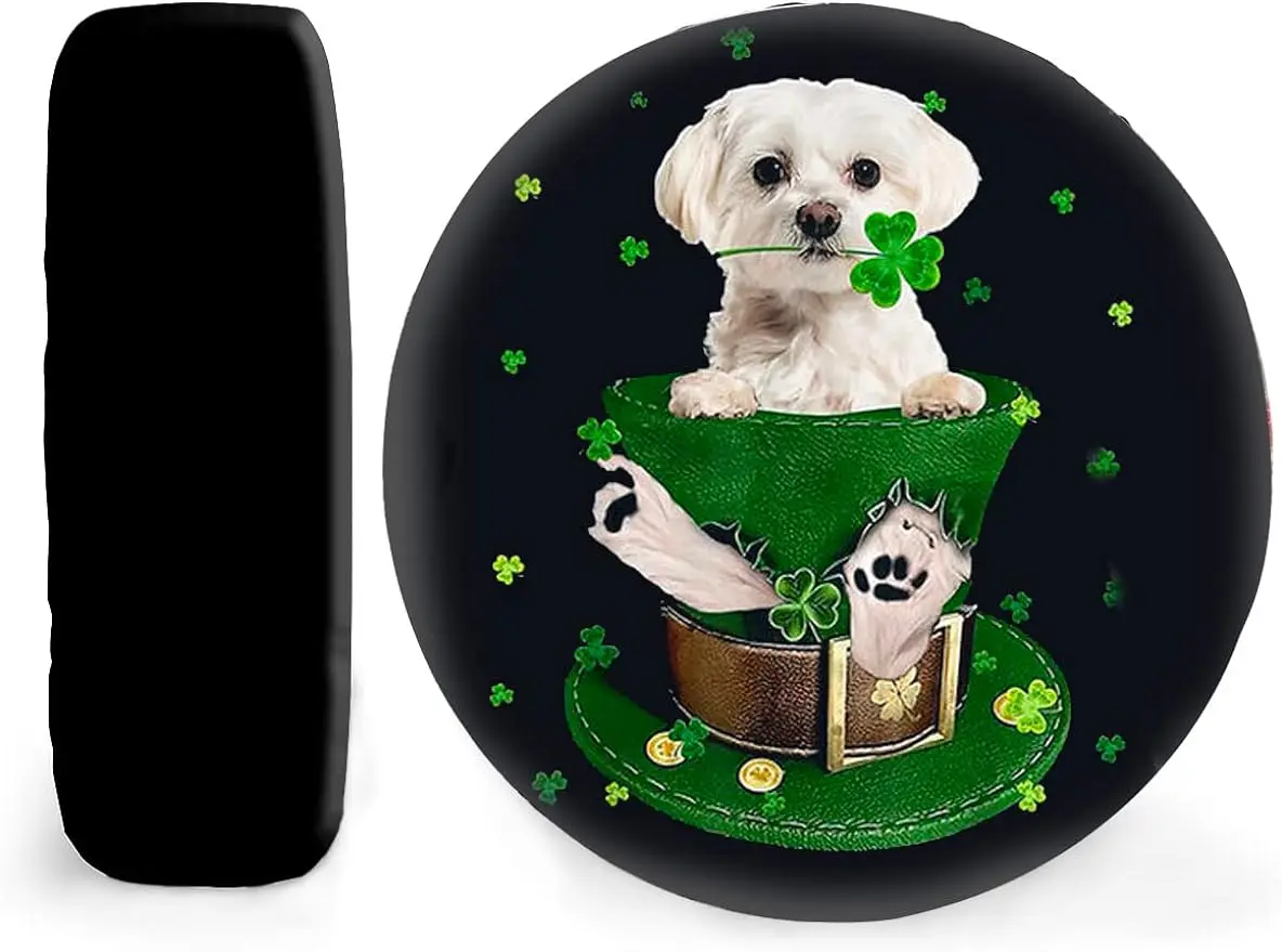 Cute Clover St Patrick's Day Leprechaun Maltese Dog Shamrock Irish Spare Tire Cover Car Accessories for Men Women Holiday Car