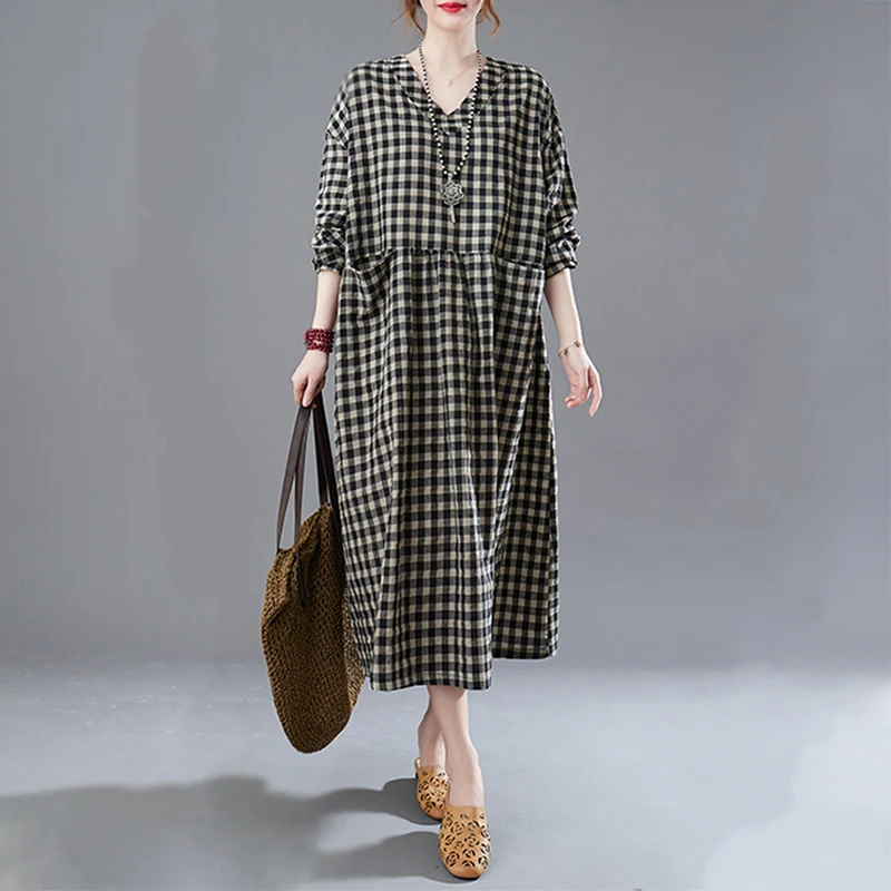 Retro Long Sve V-Ne Cotton Lin Dr plus Size Women's Clothing High Waist Spring Faion Commute Sle Printed Dr
