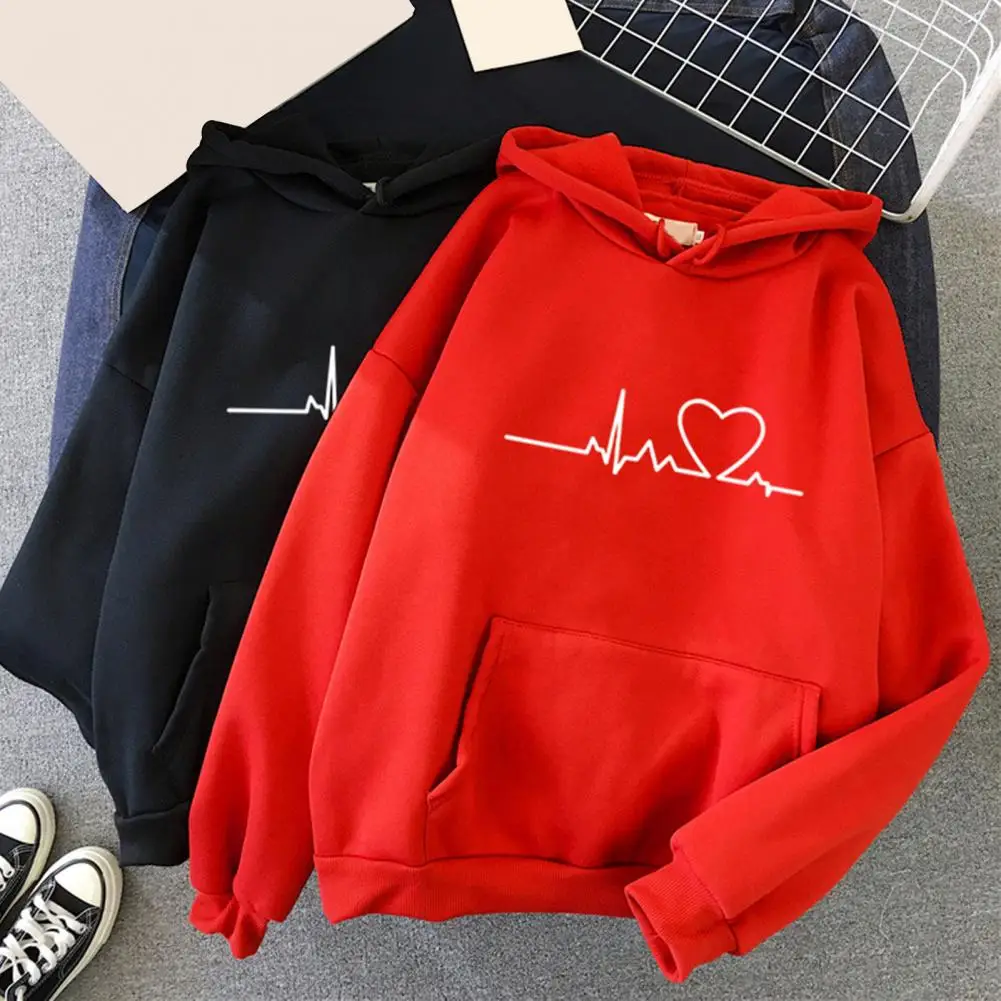 Heart Print Hoodies Women Vintage Winter Autumn Loose Hooded Shirt Drawstring Women Men Couple Sweatshirts Oversize Pullover