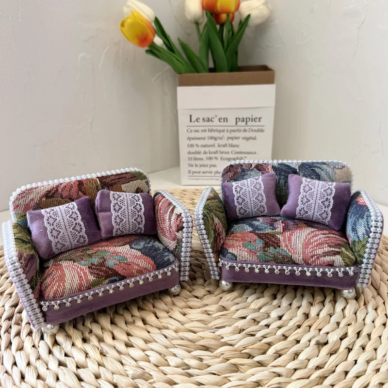 1/12 Dolls Dollhouse Miniature Furniture Living Room Scene Model Purple Checkered Two-seater Sofa Square Coffee Table Desk Lamp